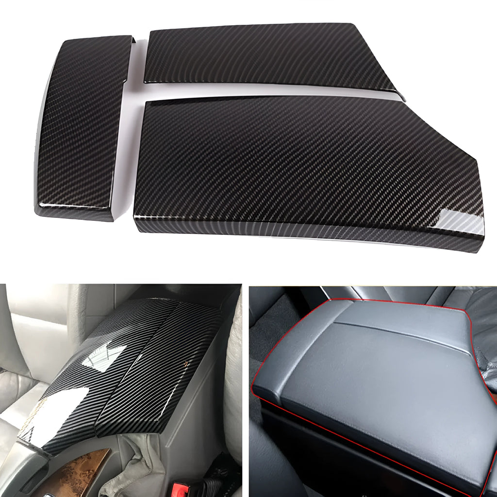 Three black ABS armrest box protective covers with a diagonal carbon fibre weave pattern.
