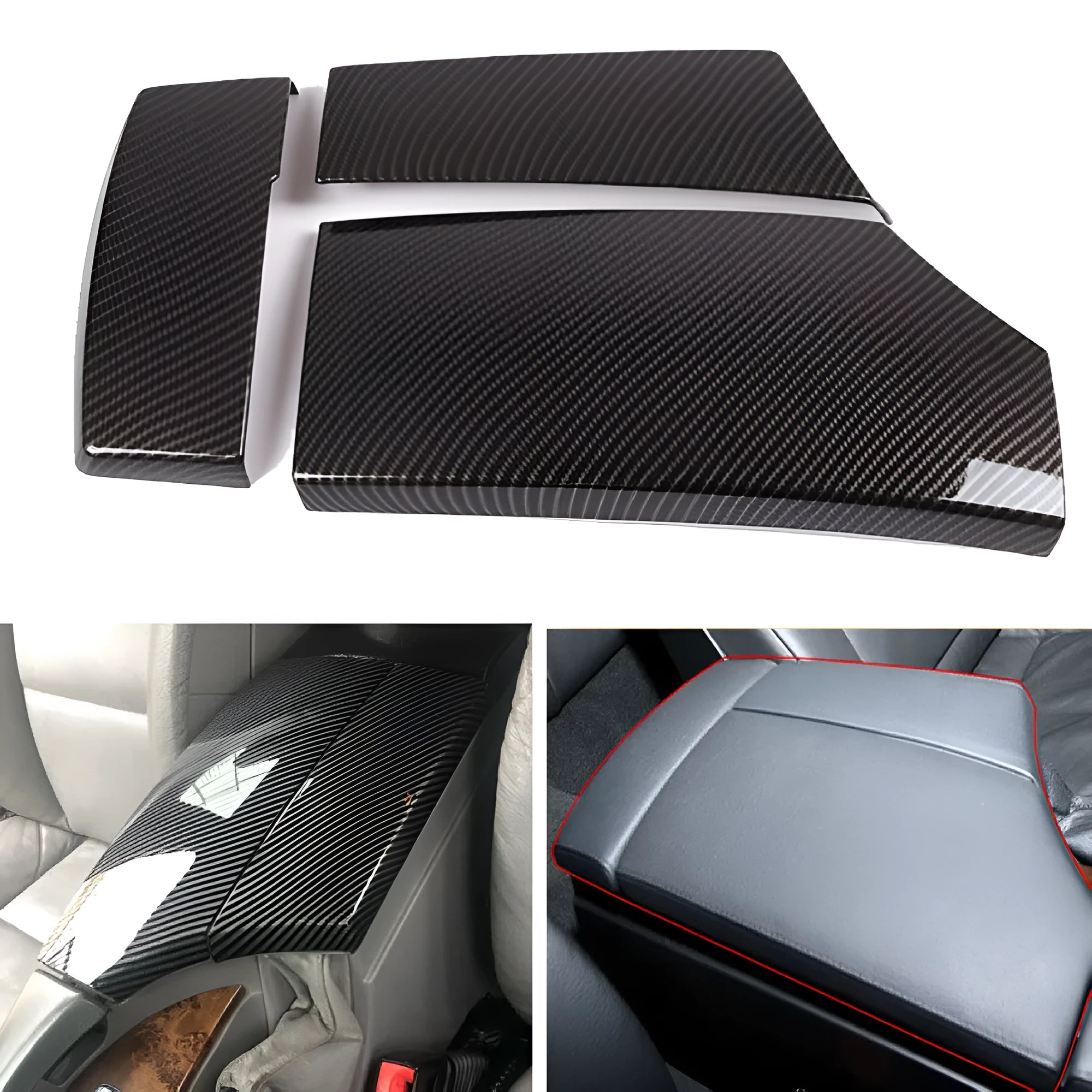 Three black ABS armrest box protective covers with a diagonal carbon fibre weave pattern.