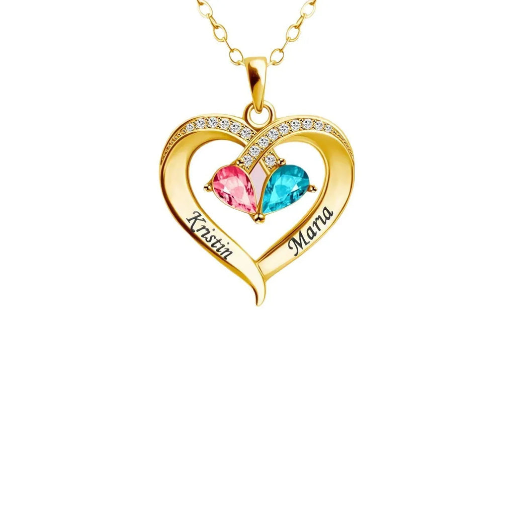 Two-colour water drop heart pendant necklace with diamond and birthstone for women.