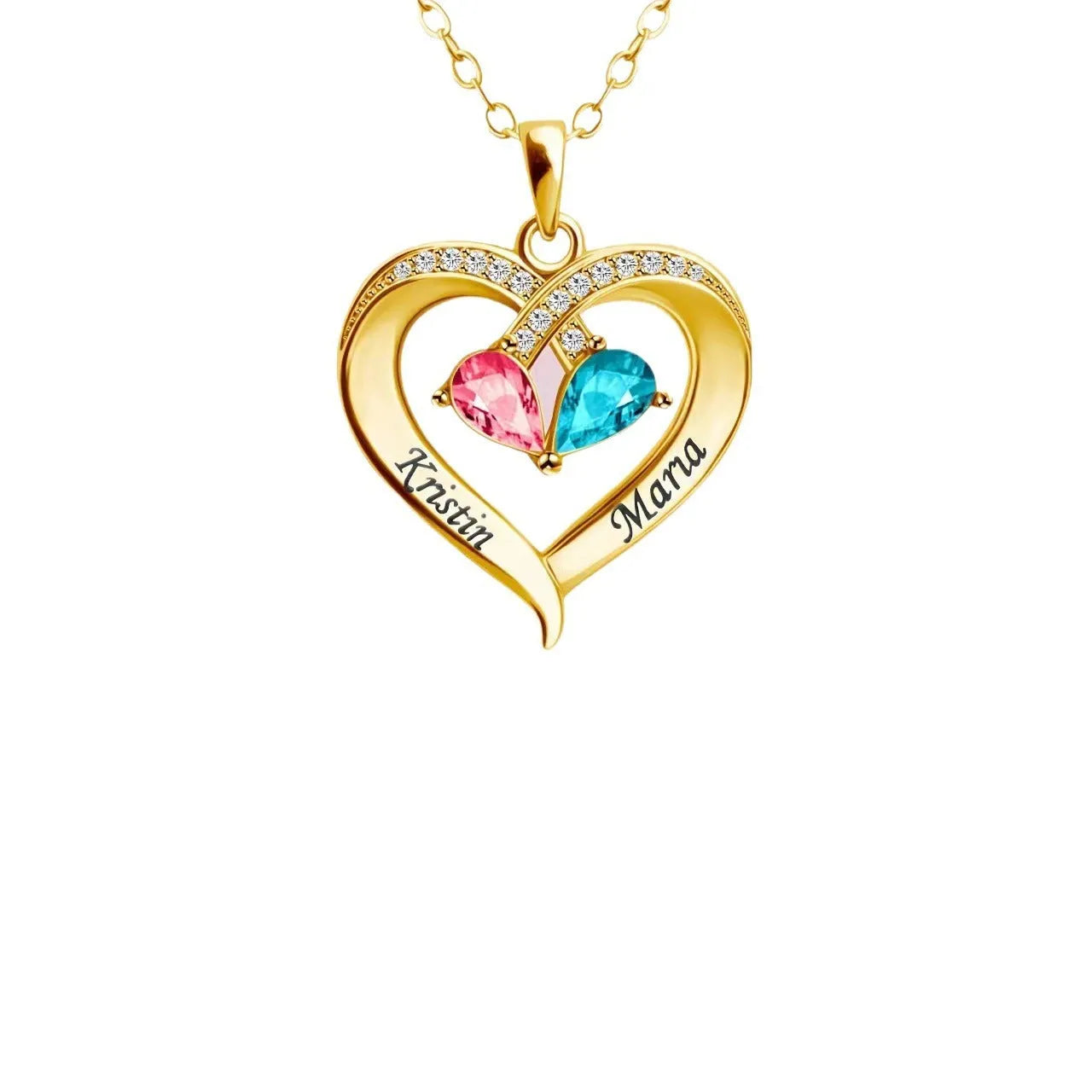Two-colour water drop heart pendant necklace with diamond and birthstone for women.