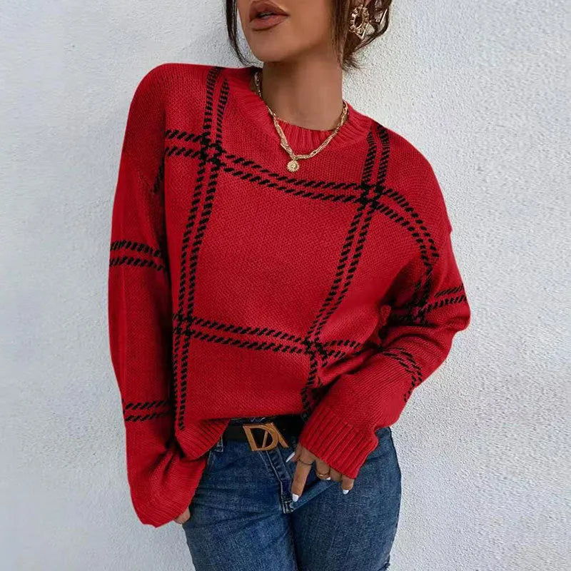 Women's plaid colour-block crew neck acrylic pullover sweater in loose fit