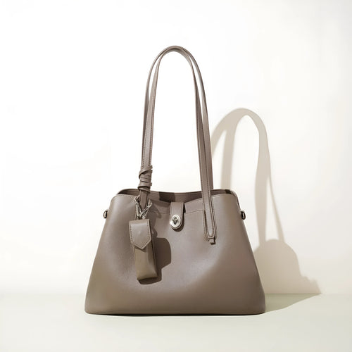 Women's genuine leather bucket bag in elephant gray with patchwork detail, large capacity underarm style