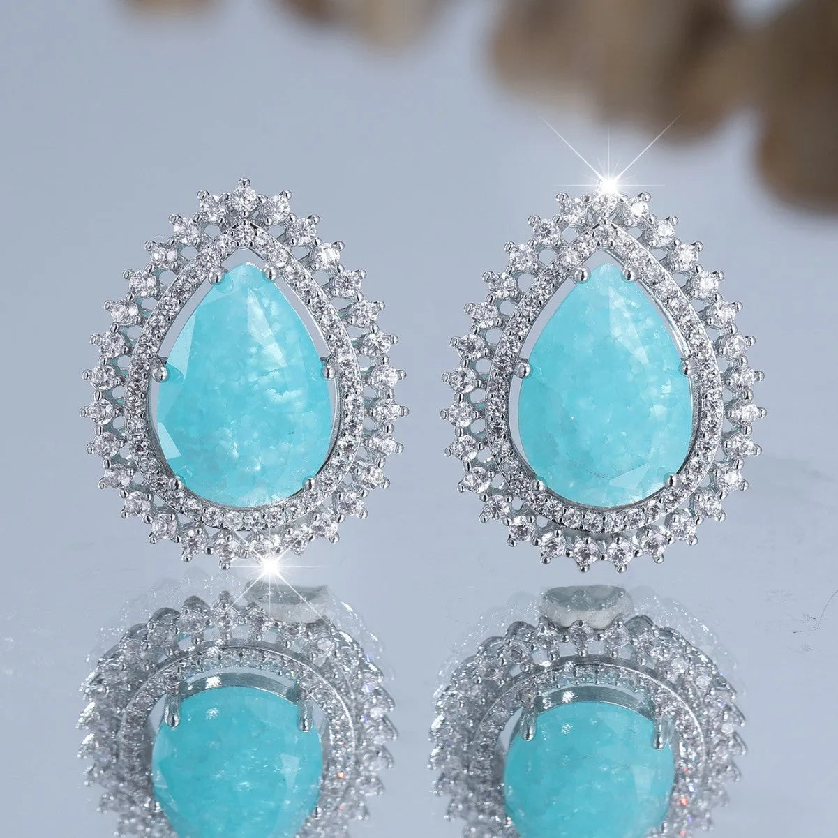 Women's heart-shaped water drop earrings with electroplated platinum ice flower diamond finish