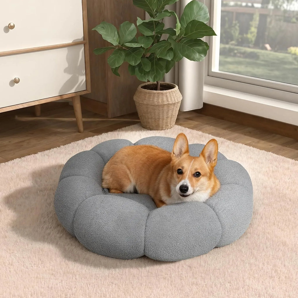 White fluffy flower-shaped pet bed with raised teddy fleece edges and round donut design on a light floor