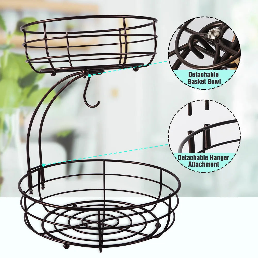 Double-layer black wrought iron fruit basket with open-weave design for produce storage