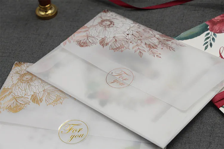 Gold and rose gold sulfuric acid paper invitation cards with bronzing matte varnish finish.