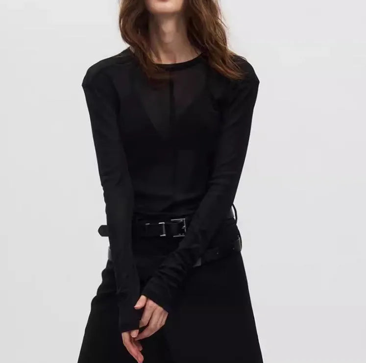 Black slim-fit long sleeve pullover top with mesh see-through texture.