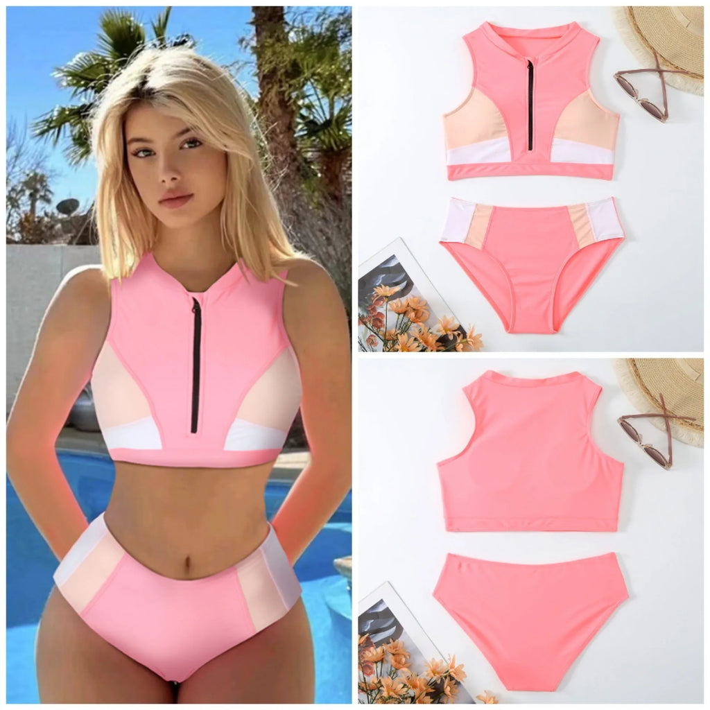 Pink high-waisted bikini set with sleeveless top and shorts on a mannequin