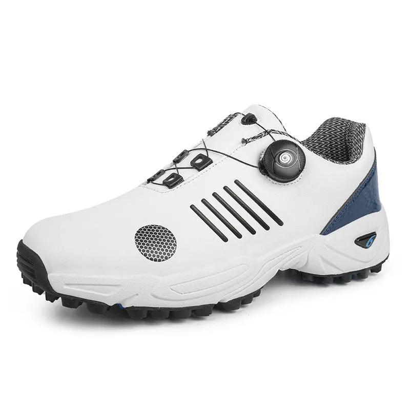 Men's rotating shoelace lightweight golf shoes in black with rubber sole and mesh inner