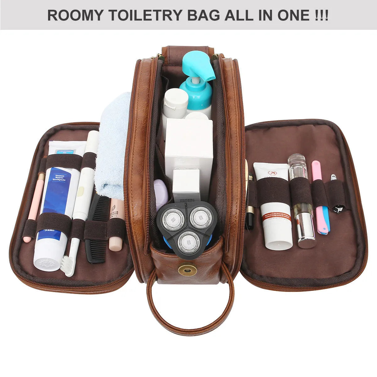 Black and brown solid colour men's PU toiletry travel bag.