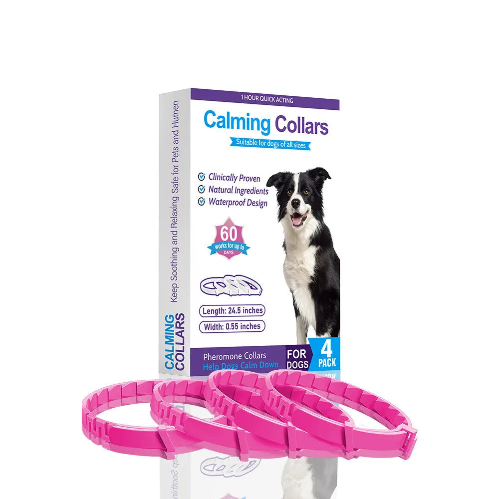 Set of four monochrome dog anxiety relief collars in assorted colours, showing soft TPR material and adjustable 62cm length.