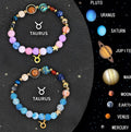 Two natural stone beaded bracelets with adjustable cords laid on a gift box, showing zodiac designs.