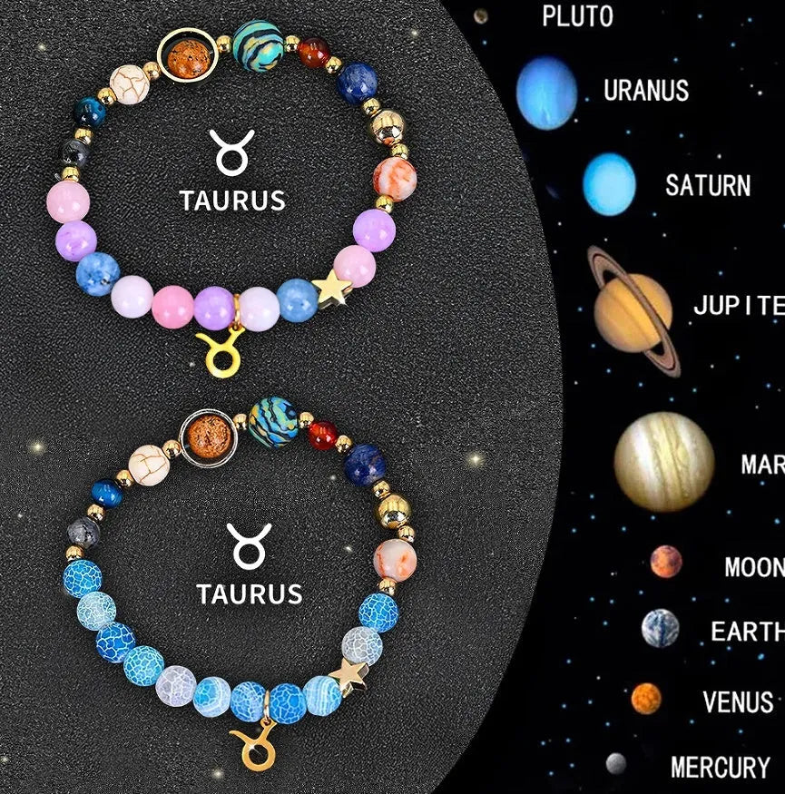 Two natural stone beaded bracelets with adjustable cords laid on a gift box, showing zodiac designs.