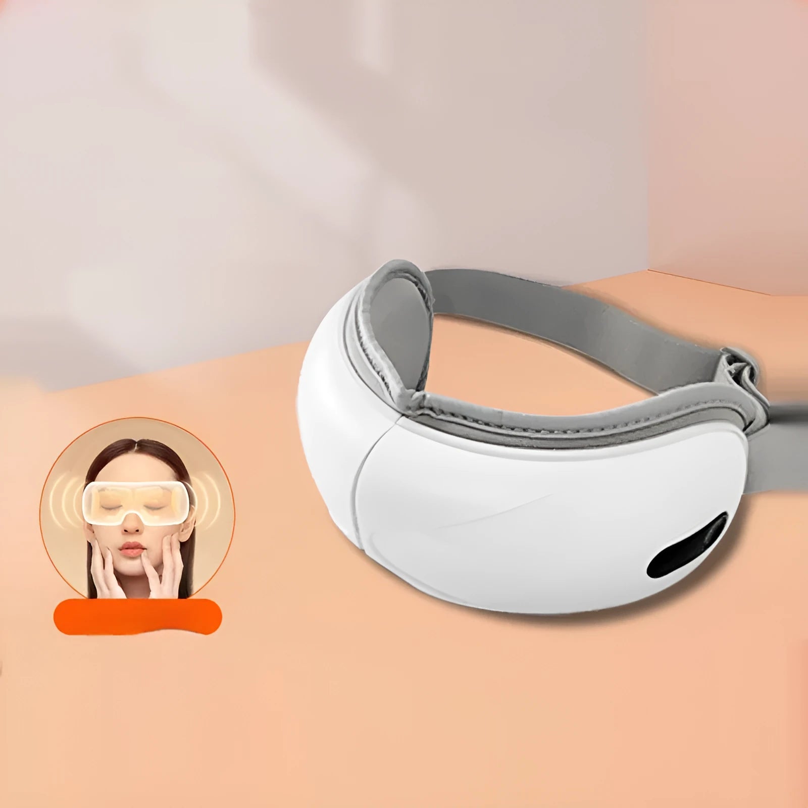 White household eye massager with hot compress and airbag massage functions showing 140mm dimensions