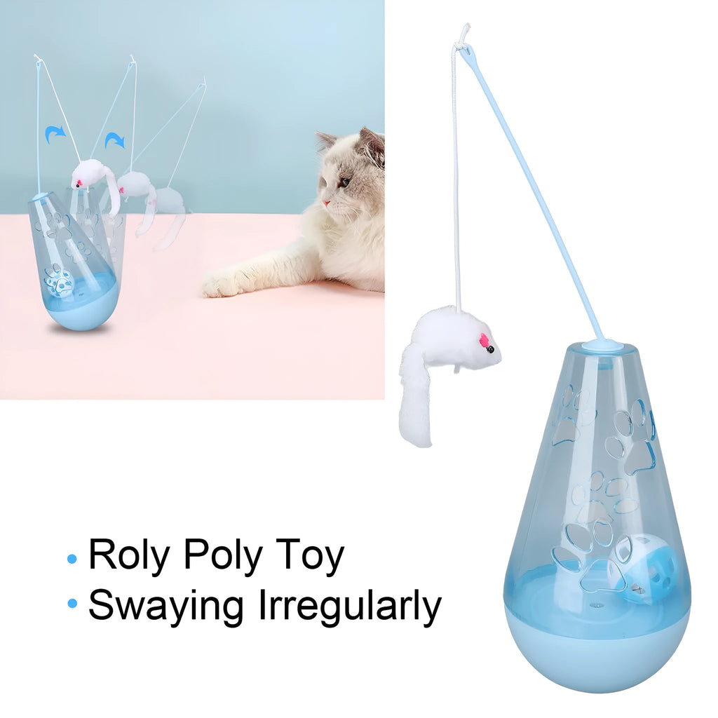 Blue and yellow cat toy with bell ball, plush mouse stick and snack dispenser