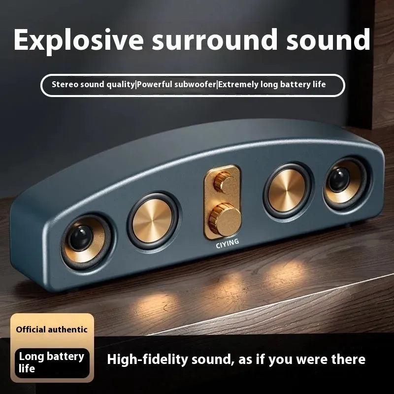 Retro portable Bluetooth speaker with wood grain finish and USB cable for outdoor use