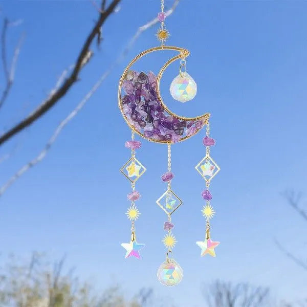 K9 crystal moon charm pendant on a metal chain for car rear-view mirror decoration.