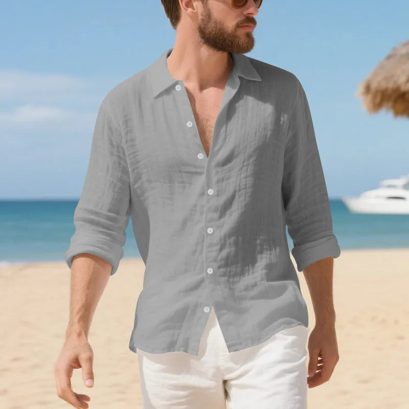 Man wearing a relaxed-fit light blue linen casual shirt with a non-iron finish