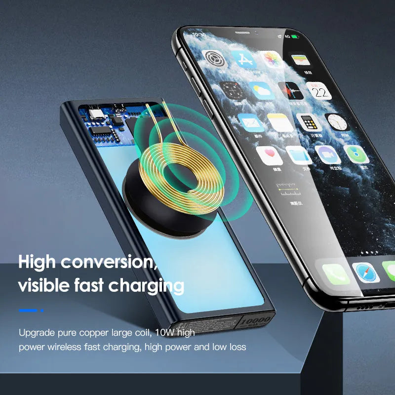 Black and blue alloy-shell portable power bank showing wireless charging symbol and 10000mAh capacity label