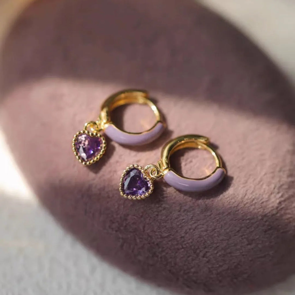 Purple enamel love heart earrings in gold with copper body and geometric bohemian heart design