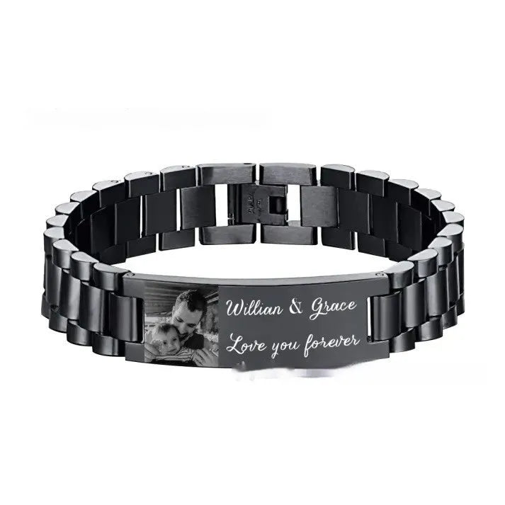 Titanium steel bracelet with curved heart piece featuring electroplated lettering in gift box