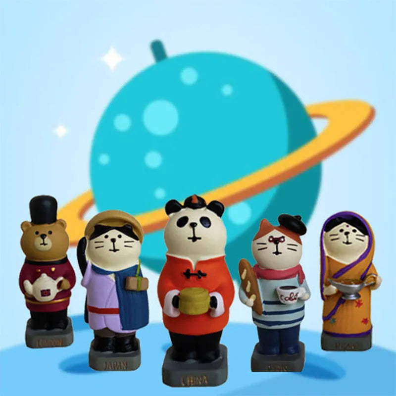 Cartoon cat Statue of Liberty resin statue holding a world globe, Carp Cat and Earth Instrument Cat styles.