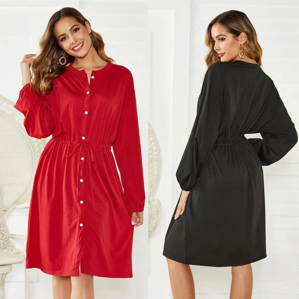 A woman's solid-colour A-line dress with long sleeves, elastic cuffs, an elastic waist, and a cinched belt.