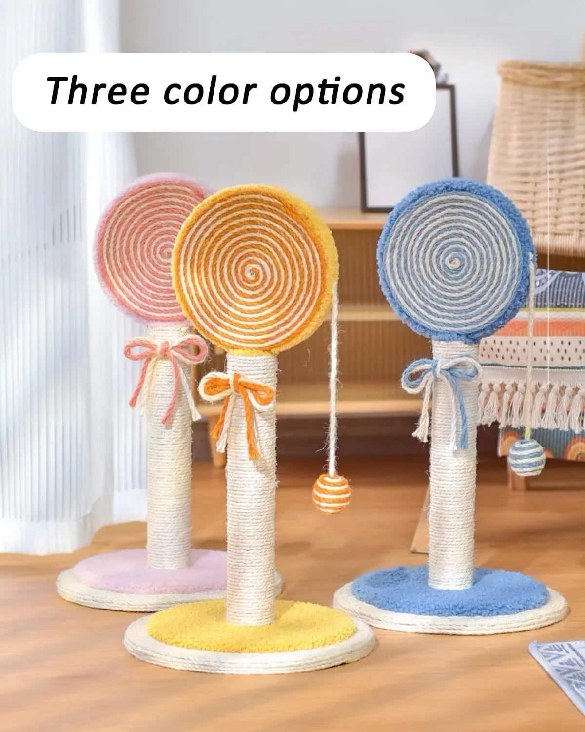 Cat scratching post with hanging ball toy in natural sisal rope on wooden base
