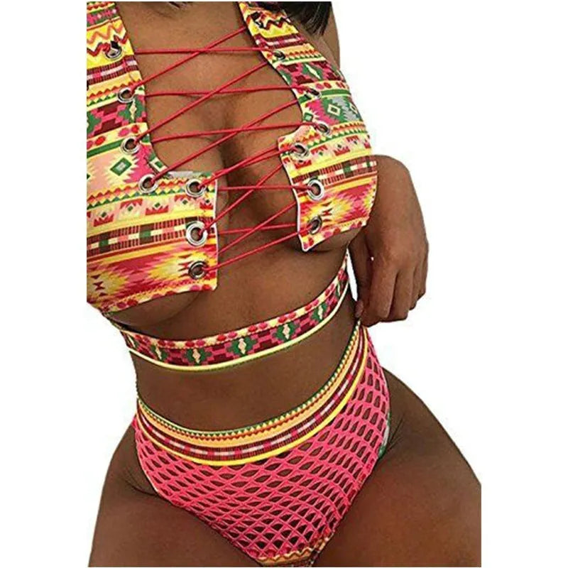 Women's checkered cross strap high waist bikini for swimming