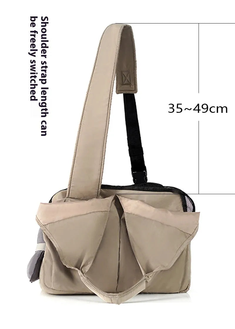 Apricot-coloured cloth pet carrier bag with shoulder strap, medium size for small dogs and cats