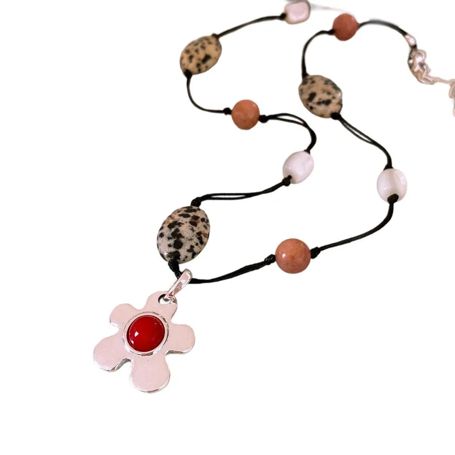 Stone shell beaded flower pendant necklace on adjustable 51-60cm chain in ethnic style
