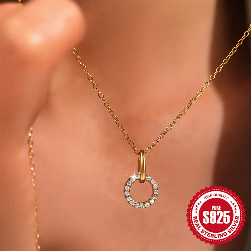 Gold-coloured 925 sterling silver women's clavicle chain with micro inlaid zircon pendant, adjustable from 21cm to 50cm