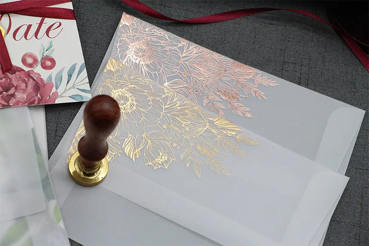 Gold and rose gold sulfuric acid paper invitation cards with bronzing matte varnish finish.