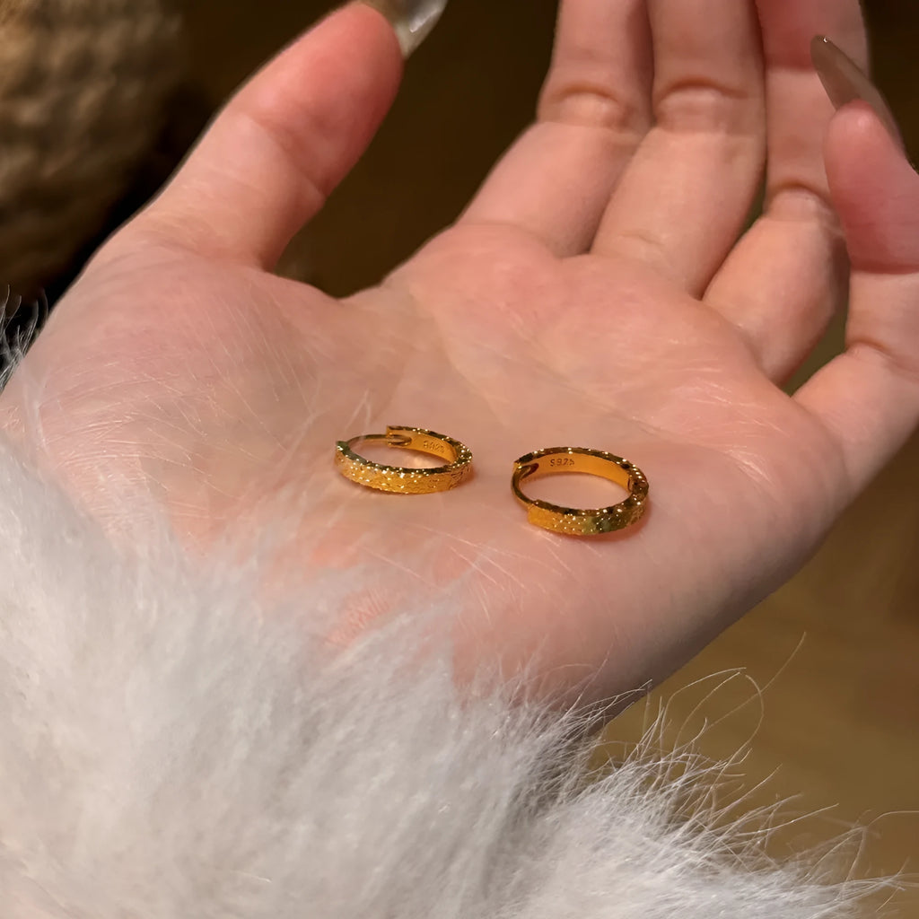 Pair of S925 sterling silver geometric ice crushing earrings with ring shape design in gold colour