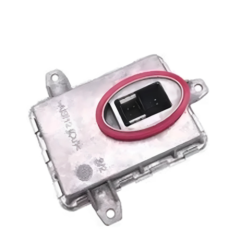 Metal automotive headlight ballast component showing its rectangular shape and electrical connectors.