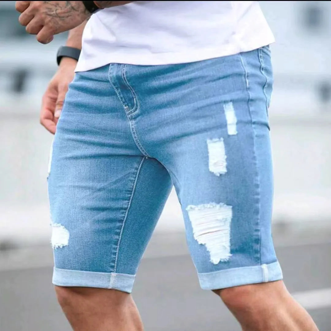 Men's sky blue straight-leg denim shorts with low waist and zipper fly.
