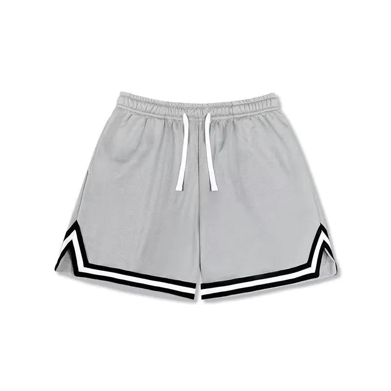 Men's loose-fit polyester sports shorts in various colours on a size chart.