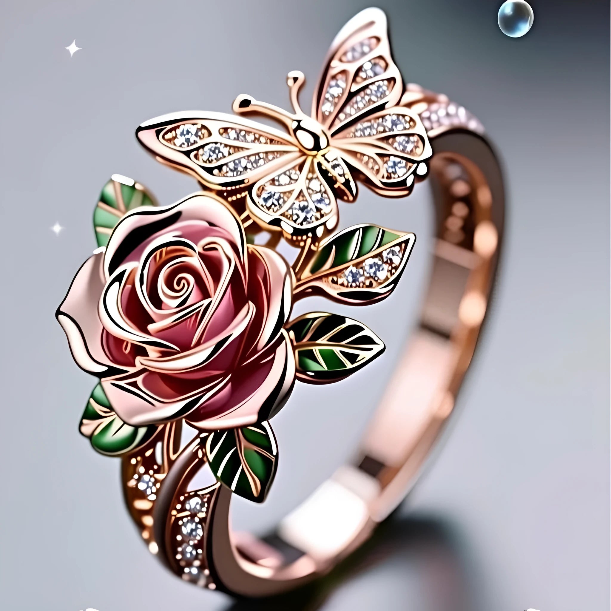 Adjustable oil drip butterfly personality ring showing colourful fairy style design with flower and insect modelling