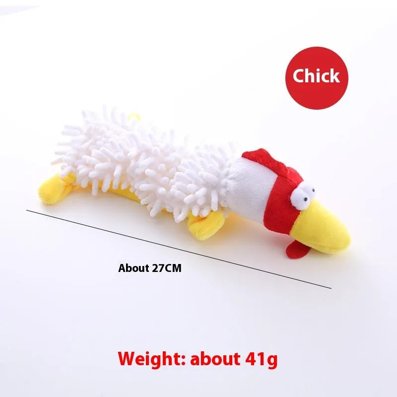 Plush microfibre horse molar dog chew toy showing brown dog, yellow duck, and white chicken designs