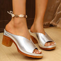 Women's beige thick-heel slippers with round toe on a plain background.