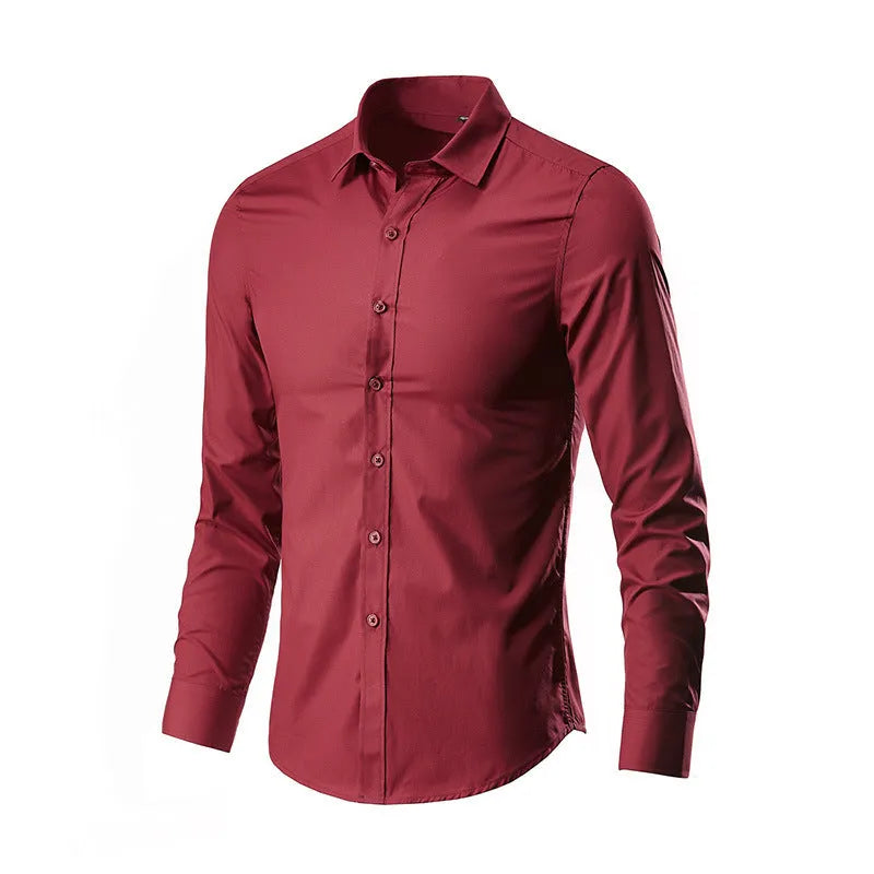 Loose fit long sleeve linen shirt on a hanger, shown in a light colour.