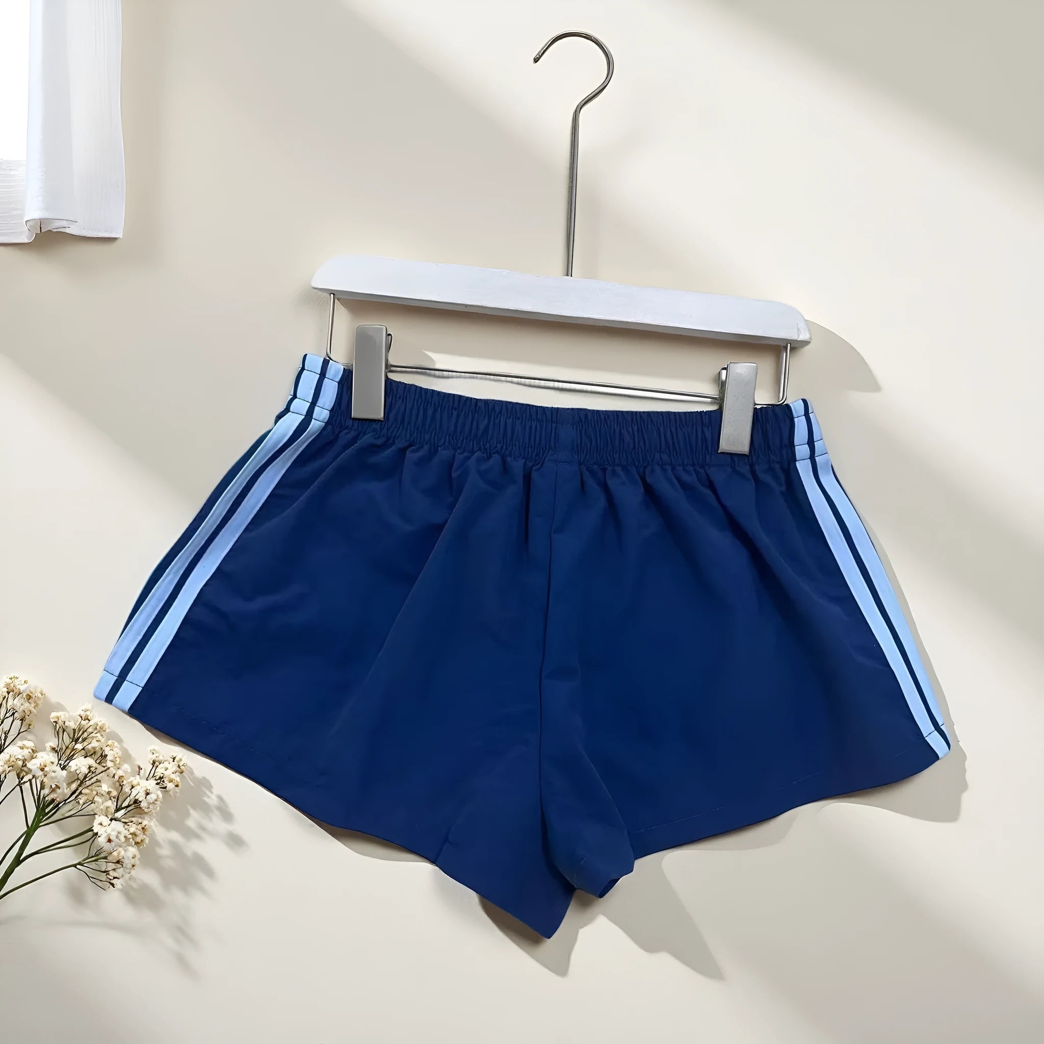 Navy blue men's high waist casual sports shorts made from micro-elastic nylon fabric