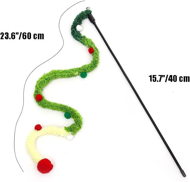 Interactive cat toy wand with colourful plush strip and bell attachment for indoor cat play