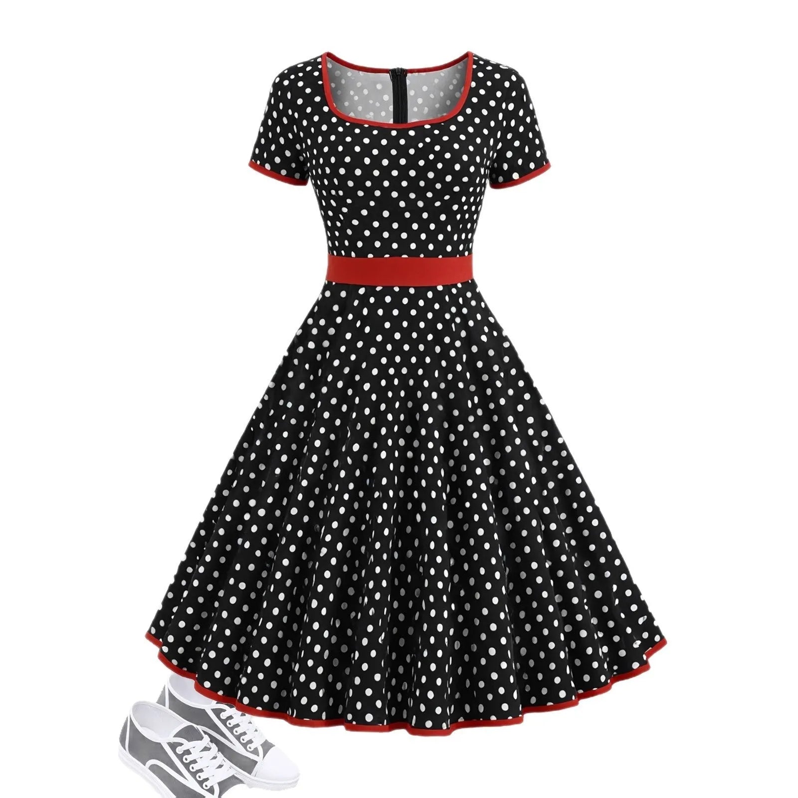Multicolour polka dot dress with square collar, short sleeves, front zipper, and a pleated mid-length skirt on a hanger.
