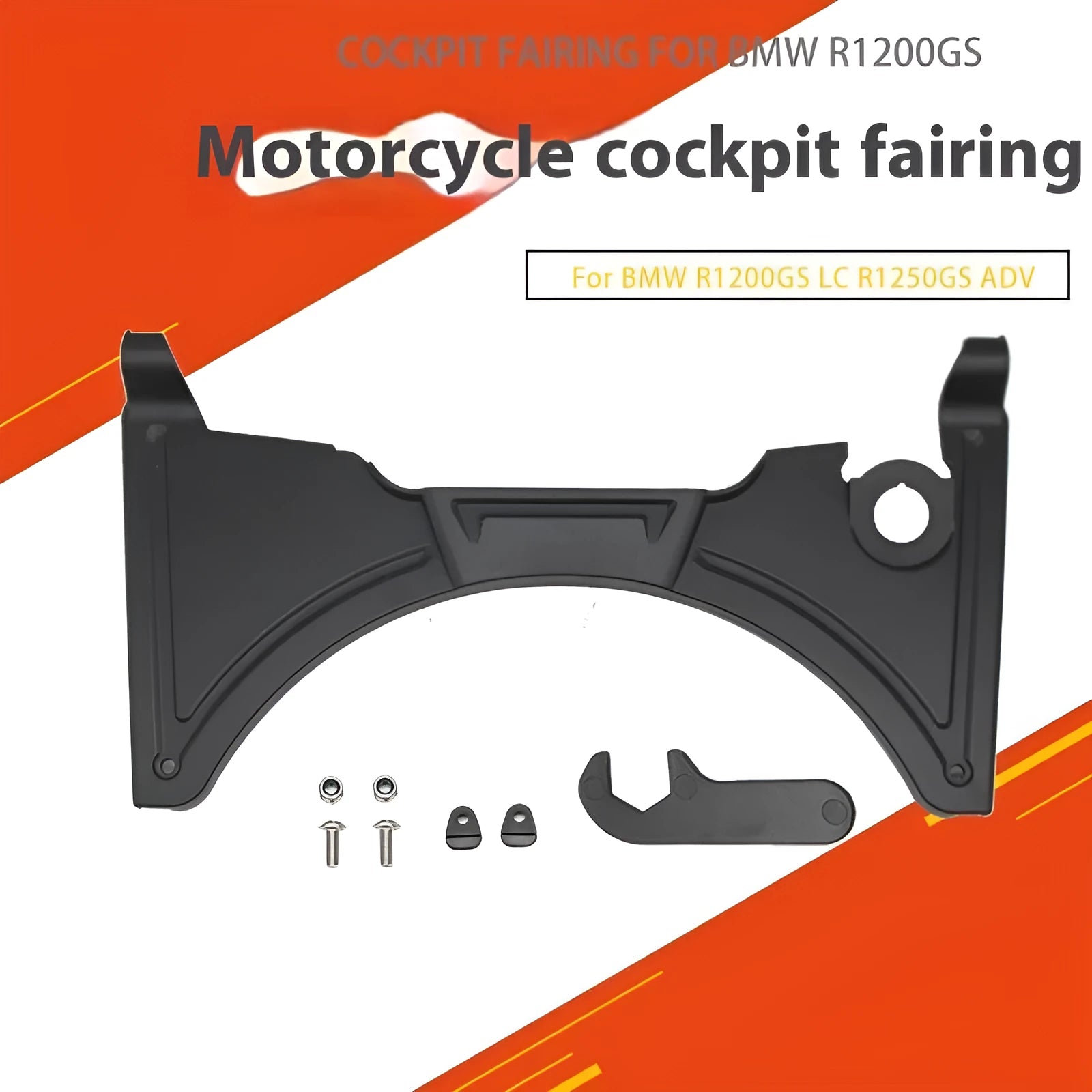 Black ABS plastic cockpit fairing panel for BMW R1250GS motorcycle, shown from a front three-quarter angle.