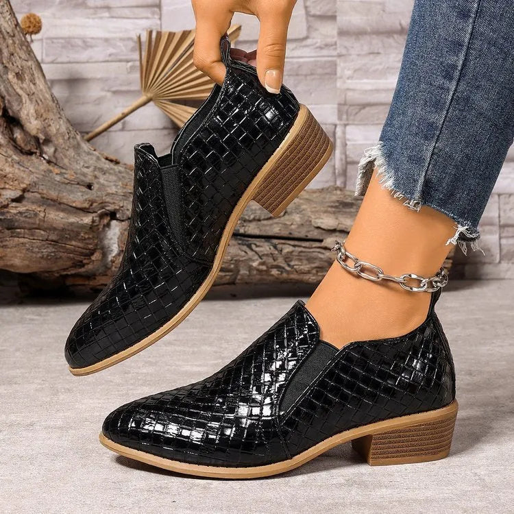 Women's pointed toe high cut pumps in brown with chunky mid heel and PU upper