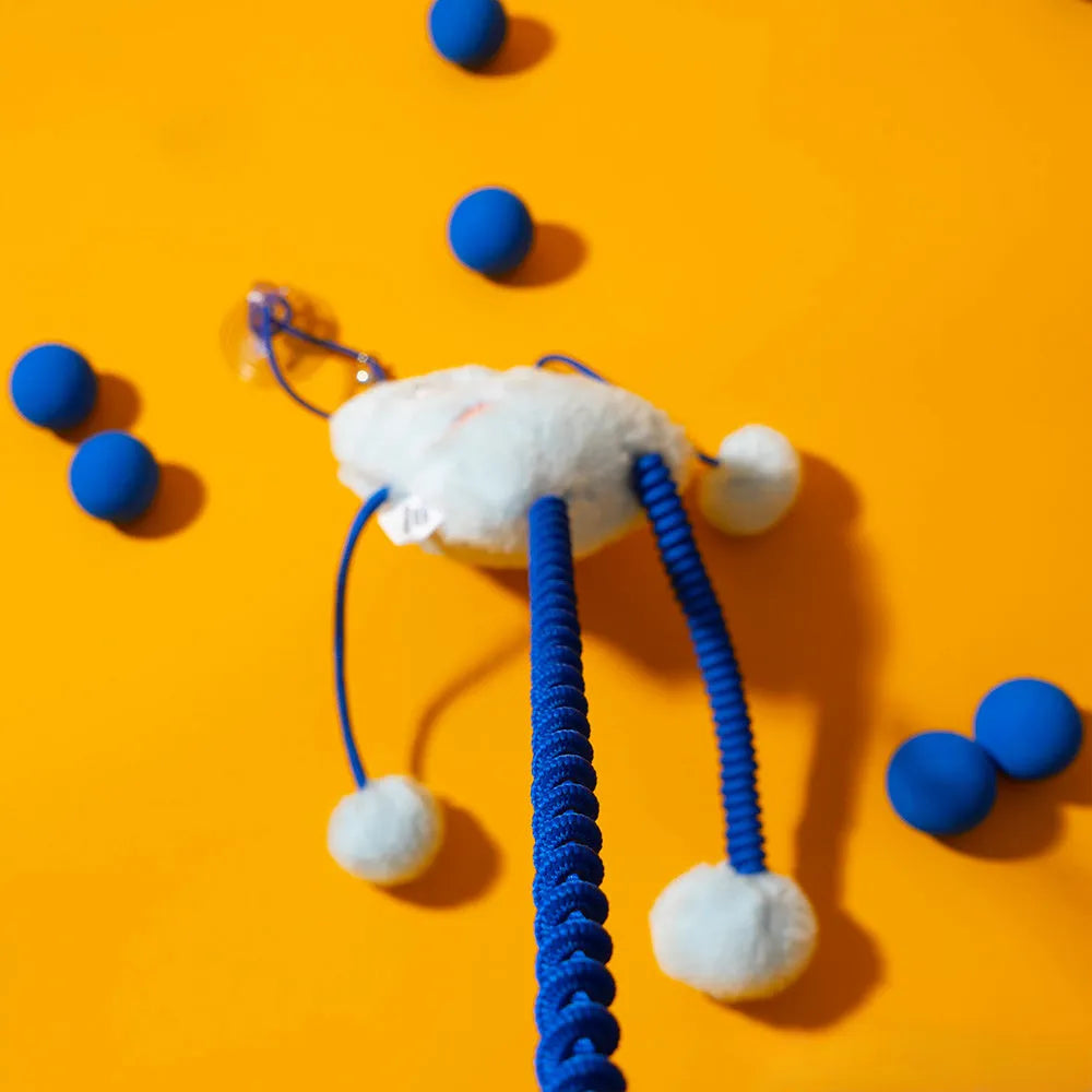 Blue plush ring cat toy with elastic telescopic rope and mint bell, measuring 30cm