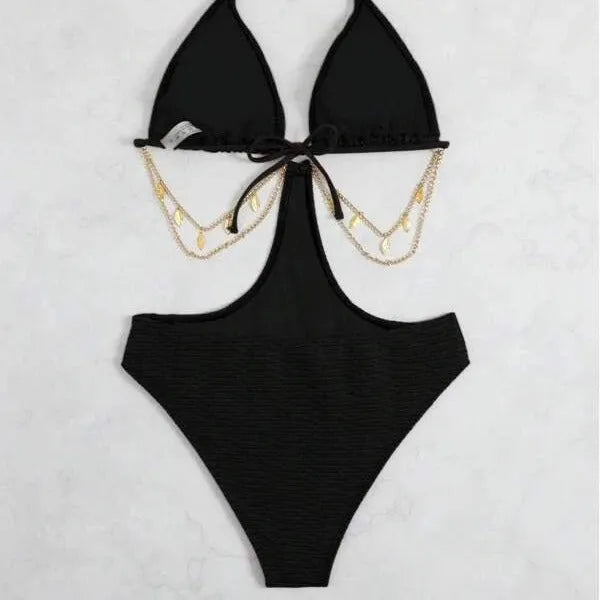Women's black sleeveless bikini swimsuit with a silver chain decoration.