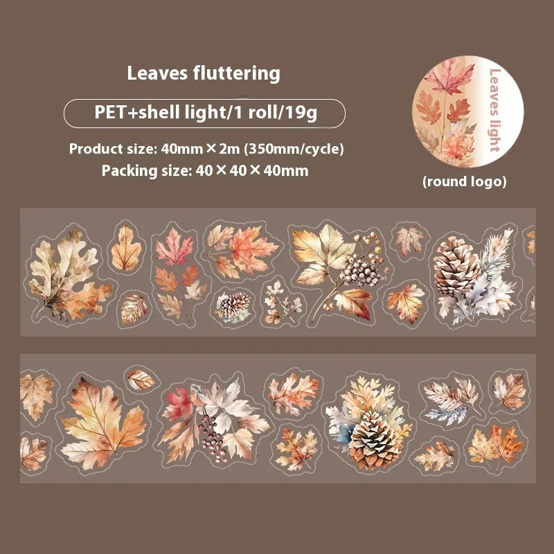 Roll of Deciduous Poetry Series decorative stickers showing six leaf designs including ginkgo and maple, 40mm wide.