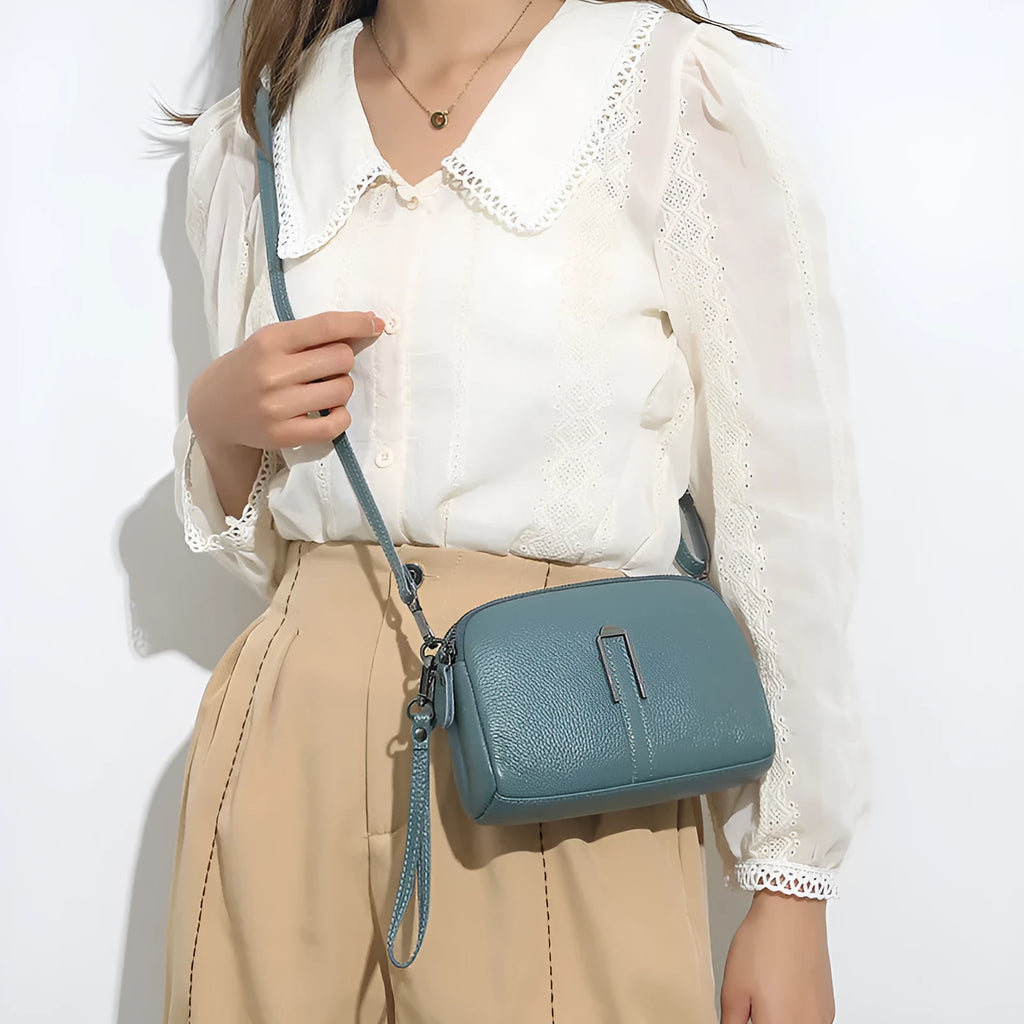 Women's genuine leather shoulder bag in horizontal square shape, shown in dark khaki colour